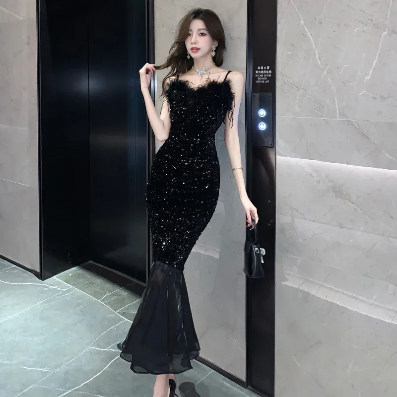 New Fashion Korean Sling Dresses Women's Fishtail Black Paillette Evening Prom Long Dress