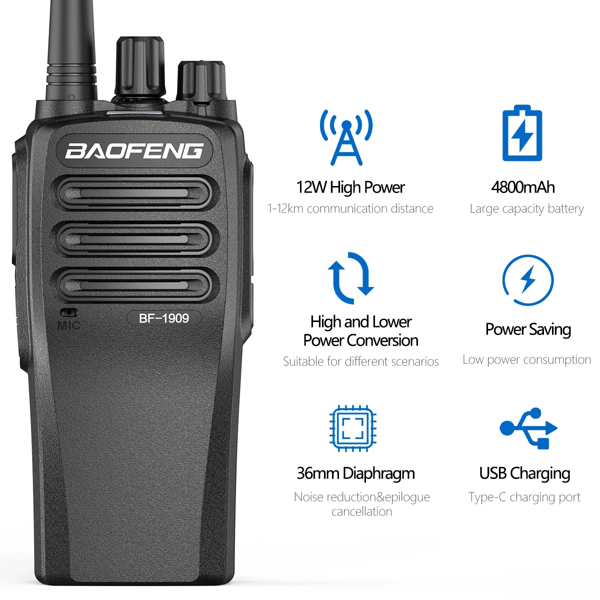 BF-1909 High Power Walkie Talkie | Long Range Two-Way Radio | Type-C Charging | TransmitterUpgradeforBF-888S / UV-5R / UV-82