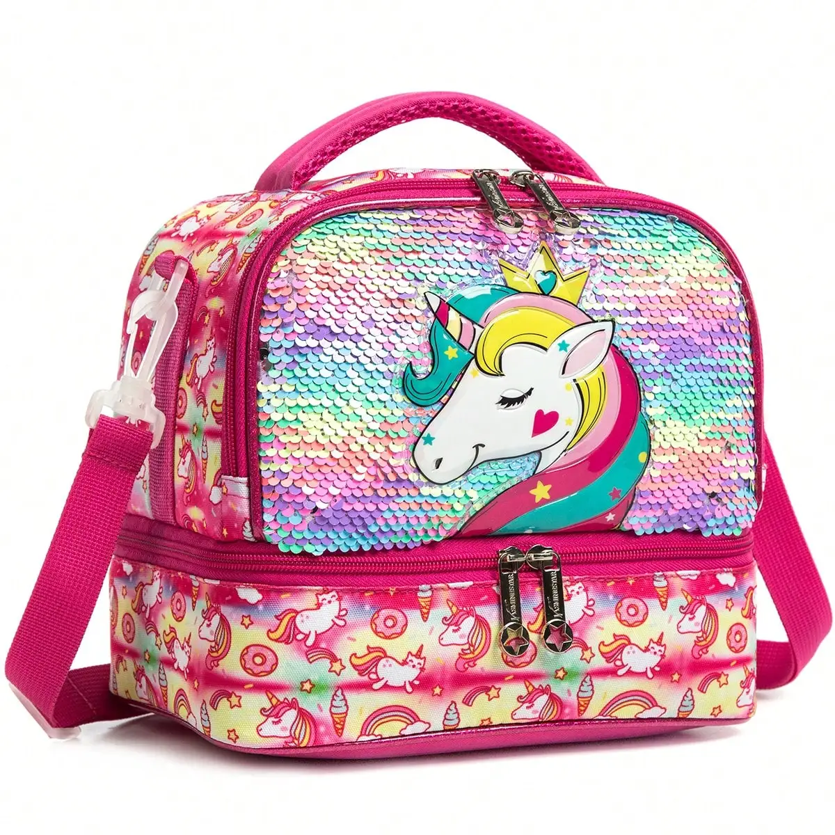 Unicorn Mermaid Pink Cartoon Printing Thermal Insulation Lunch Bag Kids Lunch Box Bag With Bottle Holder Backpack