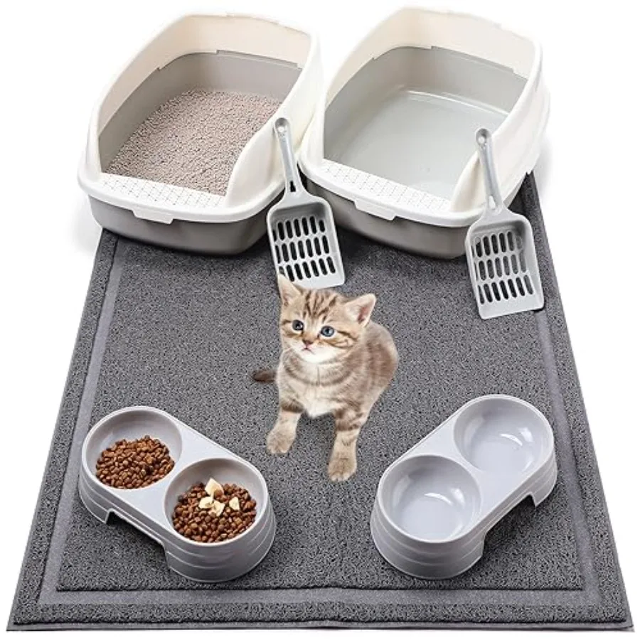 

Kitten Litter Box Low Entry Starter Kit 7pcs Set with 2 Litter Boxes, 2 Bowls, Scoop and Waterproof Mat, High Sided Cat Toilet