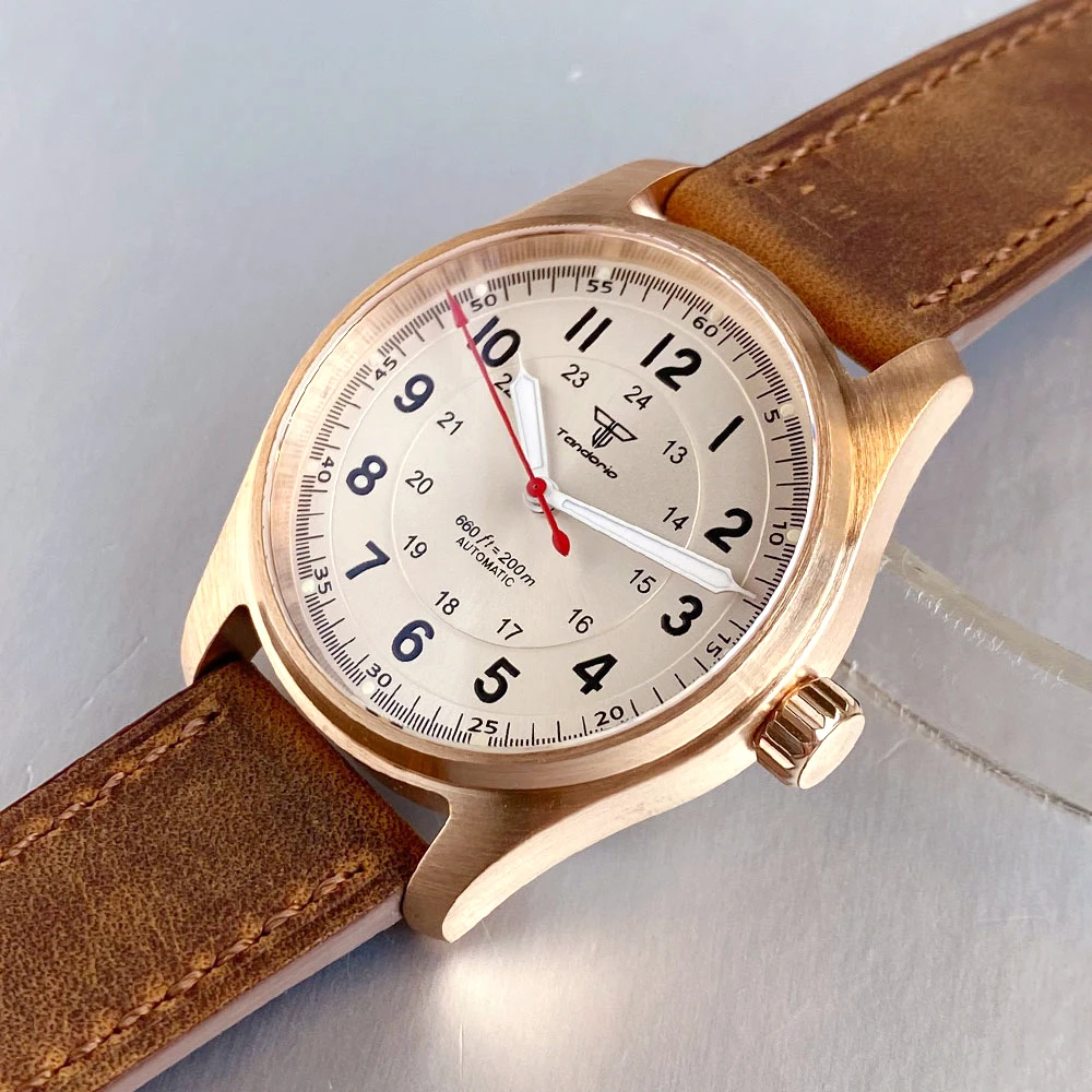 Tandorio الغوص الطيار نمط CUSN8 الصلبة البرونزية ساعات آلية للرجال 200 متر مقاوم للماء NH35 Movt الفضة الأسود الهاتفي مضيئة #3