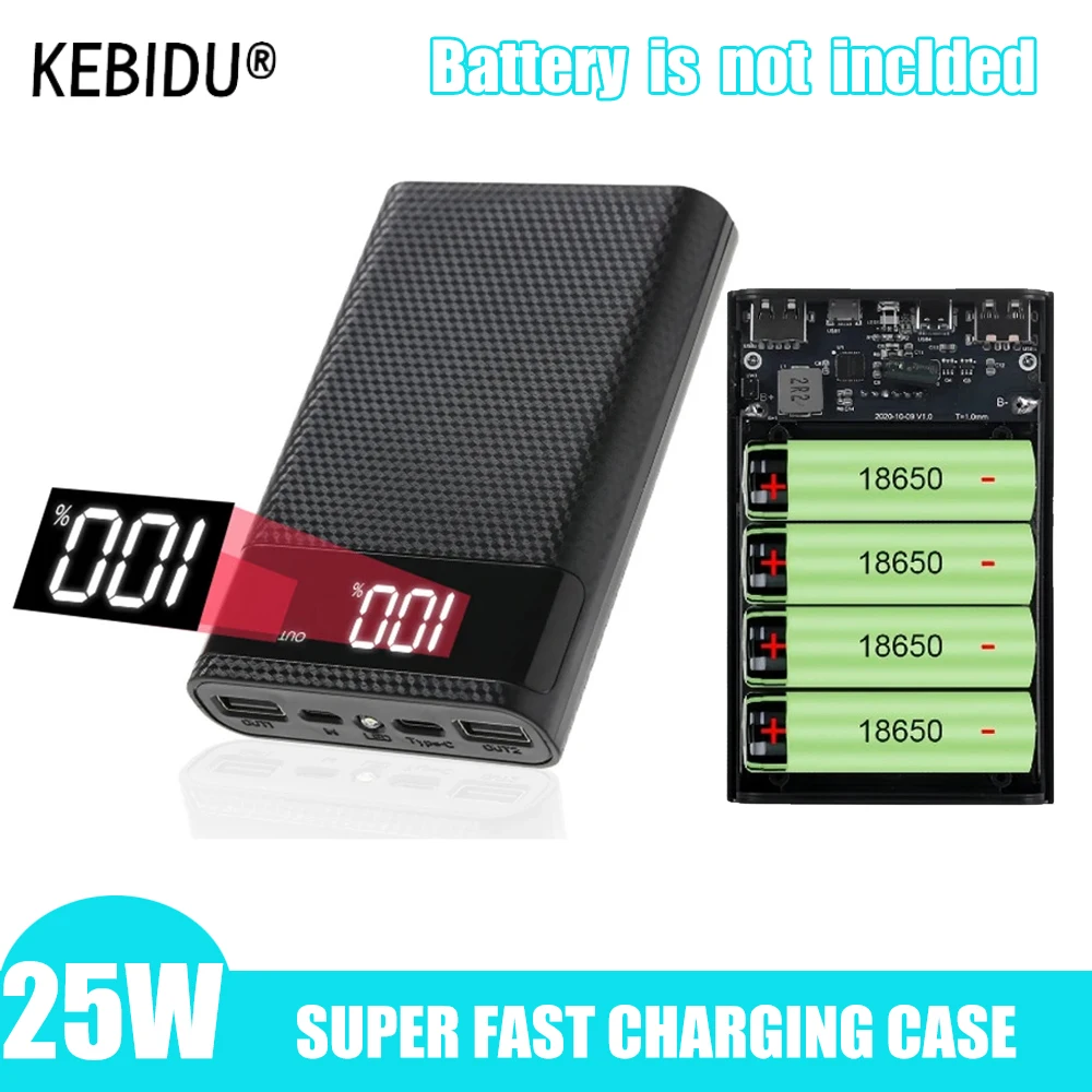 Caixa de Armazenamento para Power Bank Super Rápido de 25W, Dual USB Micro Tipo C, DIY, Suporte para Bateria 18650, Sem Baterias para Smartphones