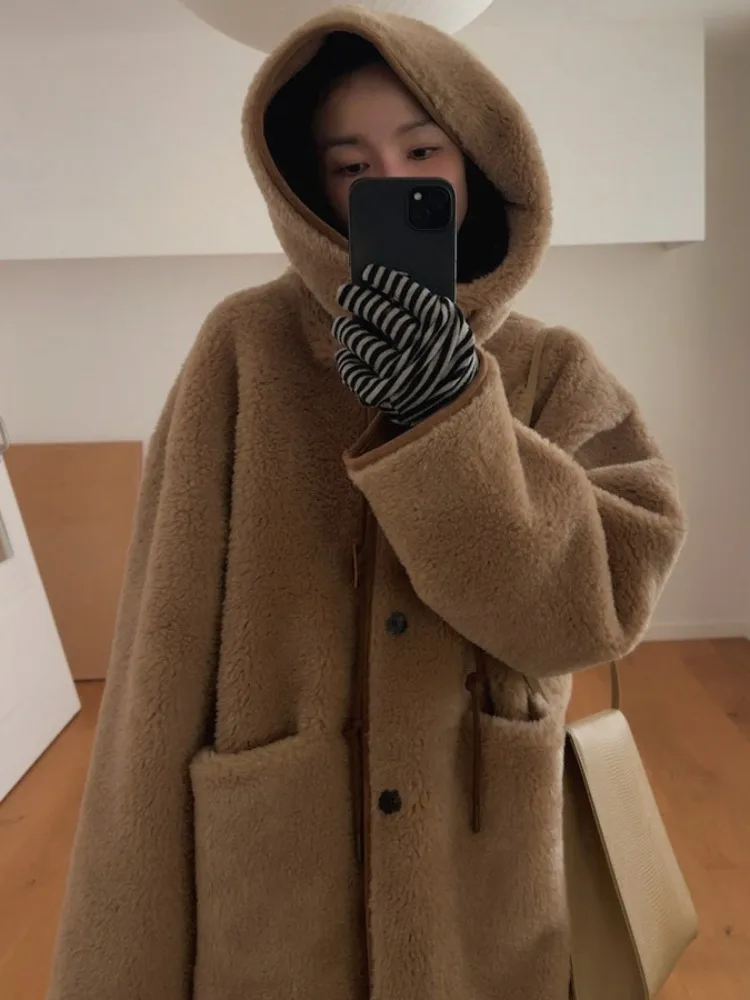 Retro sle pele e couro eepskin casaco feminino inverno novo duplo ket versátil algodão jaet dstring com capuz outerwear