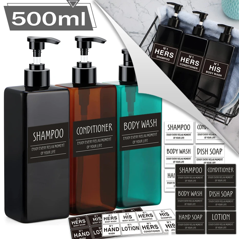 500ml Bathroom Soap Dispenser Refillable Square Shampoo Shower Gel Body Wash Bottle Lotion Dispenser Waterproof Label