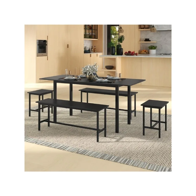 Dining Table Set for 4-6, 5-Piece Kitchen Table Chairs Set, 63” Extendable   with 2 Benches, 2 Stools, Dinette