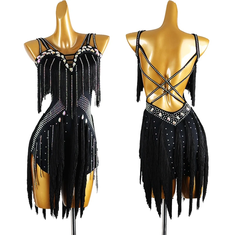 

Latin Dance Dress Black Fringed Sleeveless Standard Dancing Performance Wear Women Samba Rumba Costume Competition Dress VDL3432