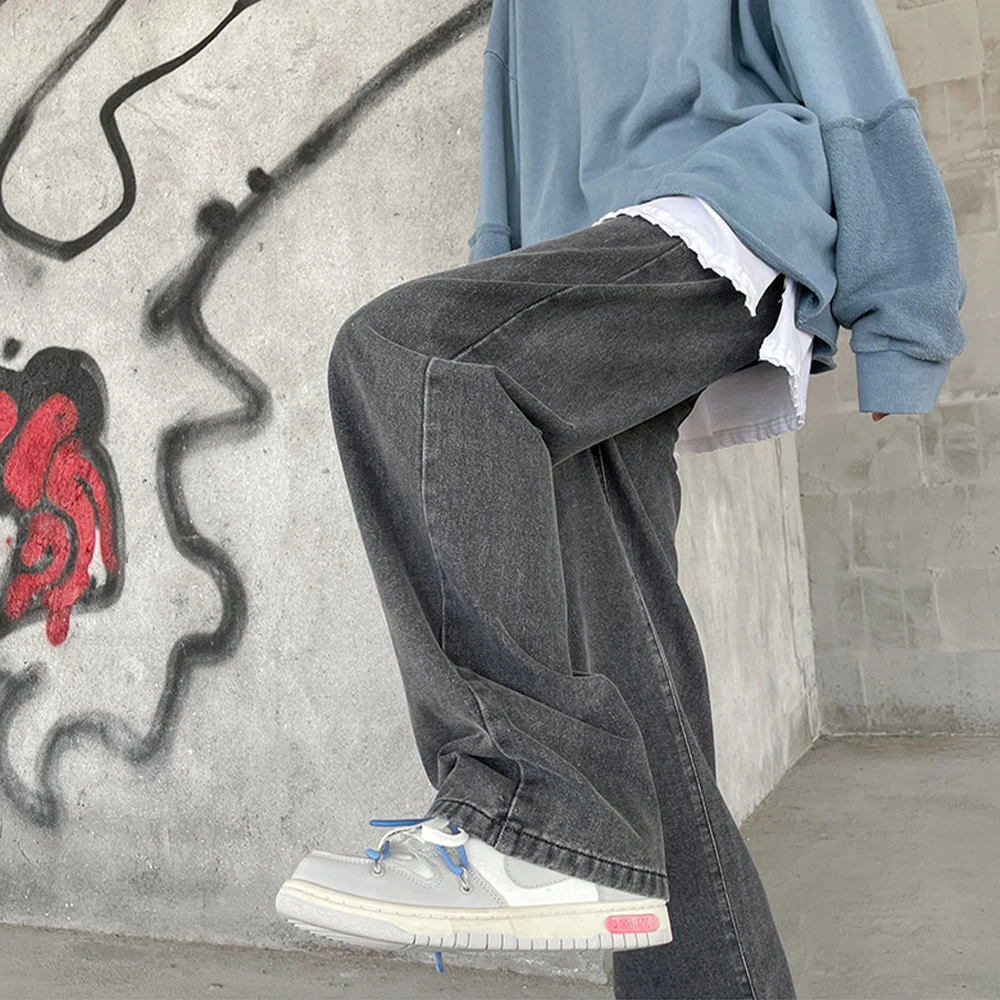 Baggy Jeans Men 2023 New Drawstring Elastic Waist Straight Wide Leg Pants  Fashion Black Hip Hop Denim Trousers Light Blue