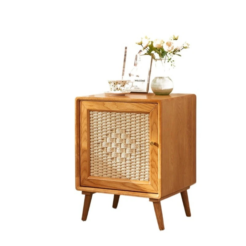

Wabi-sabi style solid wood rattan bedside cabinet B&B furniture vintage style bedroom simple storage cabinet