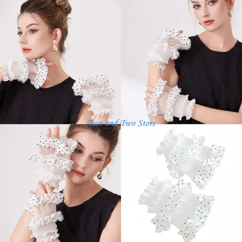 HX6F Ruffle Dot Hand Sleeves for Women with Sheer Mesh Lace and Fingerless Wrist Coverage, Party Dress Accent Pair