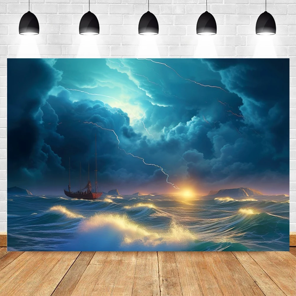 Sea Rainstorm Scene Backdrop Ocean Storm Lightning Birthday Party Travel Portrait Holiday Adventure Photography Background Decor