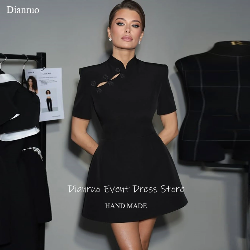 

Dianruo Black Mandarin Collar Birthday Dress Mini A Line Party Gowns Satin Frog Button Cut Out Vestidos De Fiesta Customized