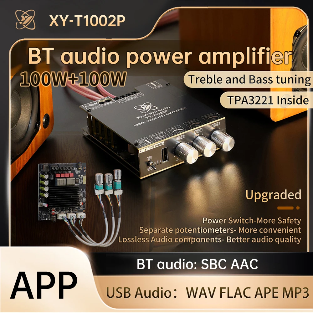 DC12-30V BT5.2 Digital Amplifier Board 2*100W Stereo TPA3221 Amplifier Chip BT/AUX/U Disk/USB Input