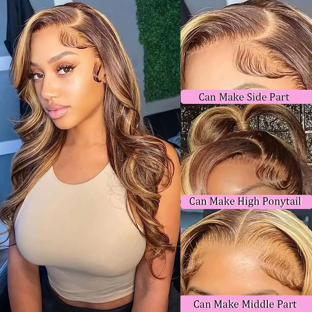 Body Wave Highlight Ombre Lace Front Human Hair Wigs 200% Density 13x4 4/27 Honey Blonde Colored Lace Front Wig For Women