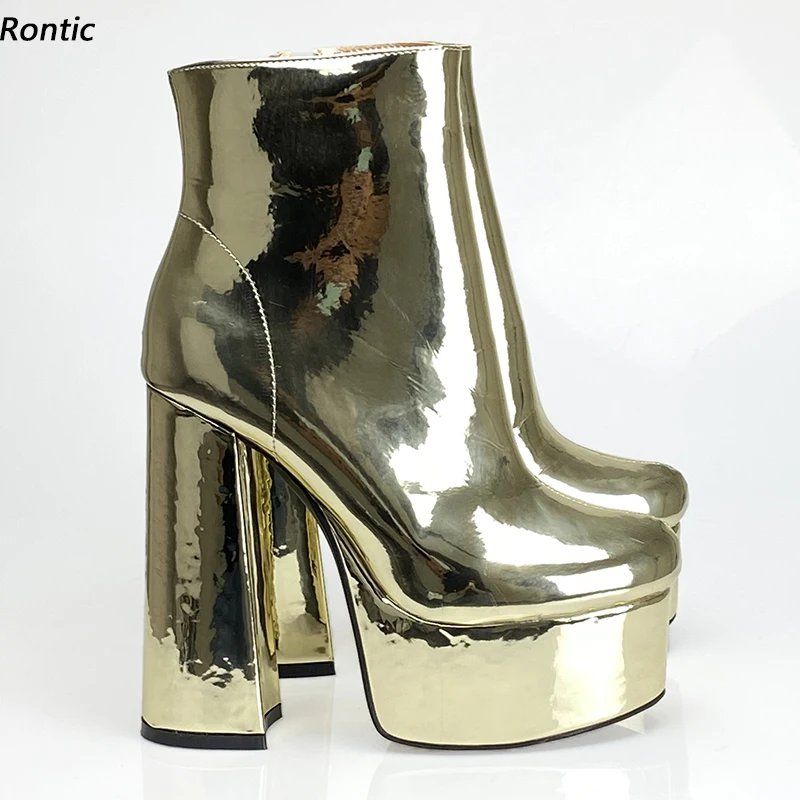 

Rontic Handmade Women Platform Ankle Boots Patent Side Zipper Chunky Heels Round Toe Gorgeous Gold Silver Shoes US Size 5-15