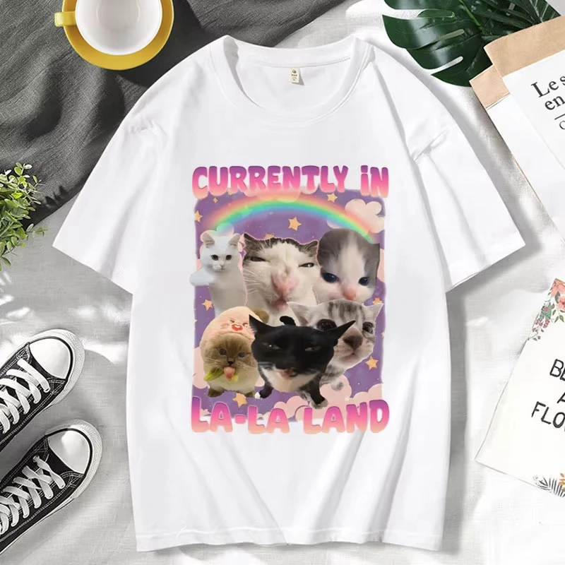 صيف جديد حاليا في لا لاند مضحك القط ميمي تي شيرت هدايا غبية غير محفورة تي شيرت هدية للنساء قصيرة الأكمام الجرافيك Y2K #2
