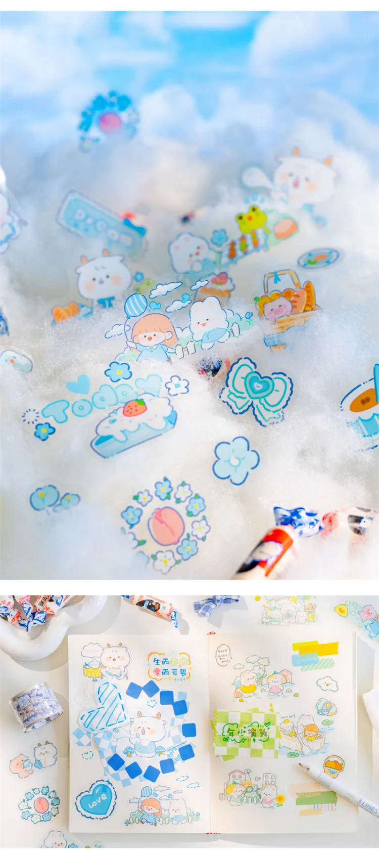 46pcs/pack PET Fleecy Pink Bunny Kitten Puppy Piggy Cute DIY Decorative Materials Kawaii Stationery Stickers Bag