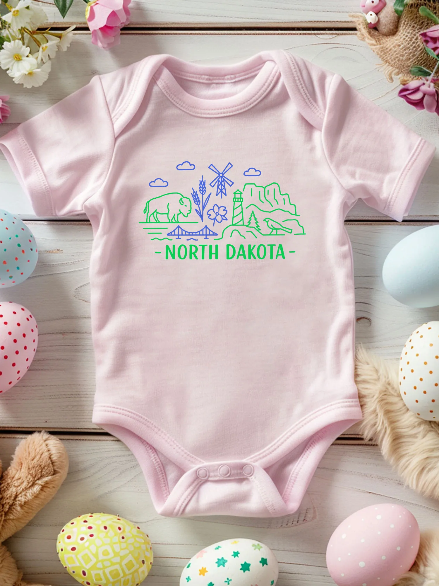 

North Dakota Line Art Unisex Baby Crawling Suit, 100% Cotton Soft Onesie, All-Season Wear Pink Bodysuit 190GSM
