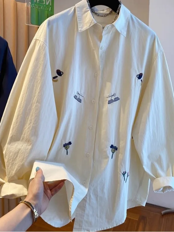 Autêntico primavera faion bordado puro algodão longo sve feminino irt solto emagrecimento topo casual sle ajuste regular