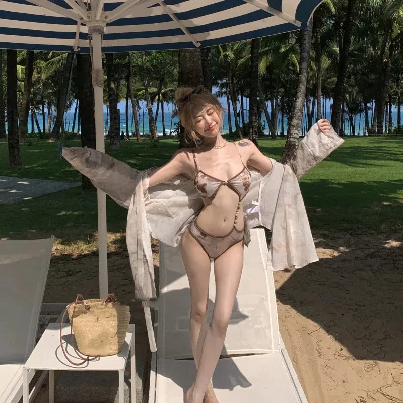 

Korean Style One Piece Swimsuit with Kimono Women Tie Dye Swimwear Padded Bathing Suit Monokini Beach Wear Bodysuit Swim Pool