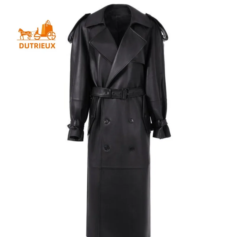 Autumn and Winter Women's Long Leather Jacket with Wide Version and Loose Fit, 100% Genuine Sheepskin, Neutral and Fashion Coat