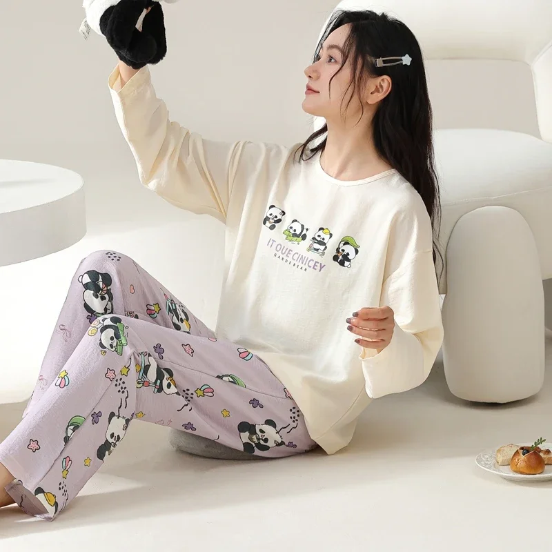 Cartoon Panda Womens Pajamas Sets Autumn Winter Long Sleeves Long Pants Cute Sleepwear Kawaii Pijamas Cozy Pyjamas Soft Girl Pjs