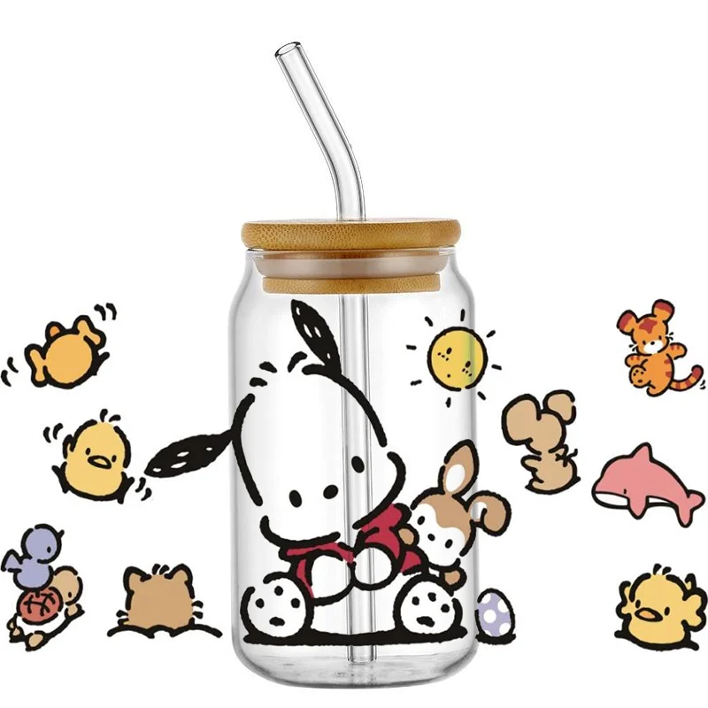 Miniso Pochacco stiker Bungkus anjing stiker tahan air UV cangkir DTF Mug membungkus stiker DIY 3D bungkus Decal untuk 16oz Libbey Glass