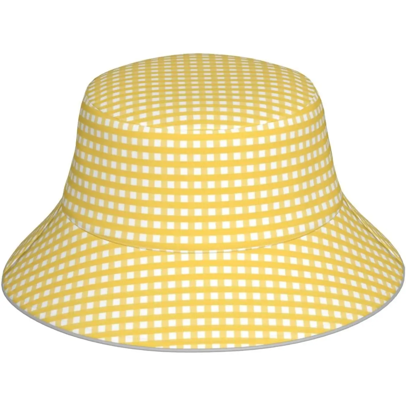Sombrero de Pescador a Cuadros Vichy Amarillo y Blanco para Mujer, Sombrero de Sol de Moda de Verano, Protección UV, Informal, para Exteriores y Playa