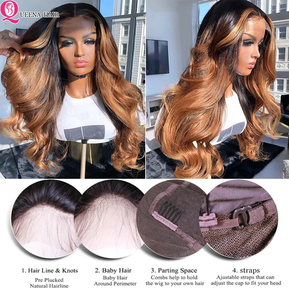 1b 30 Ombre Body Wave Echthaar Perücken 180% Dichte HD transparente Spitze Frontal Perücken 13x4 Spitze Front Perücke vor gezupft leimlose Perücke