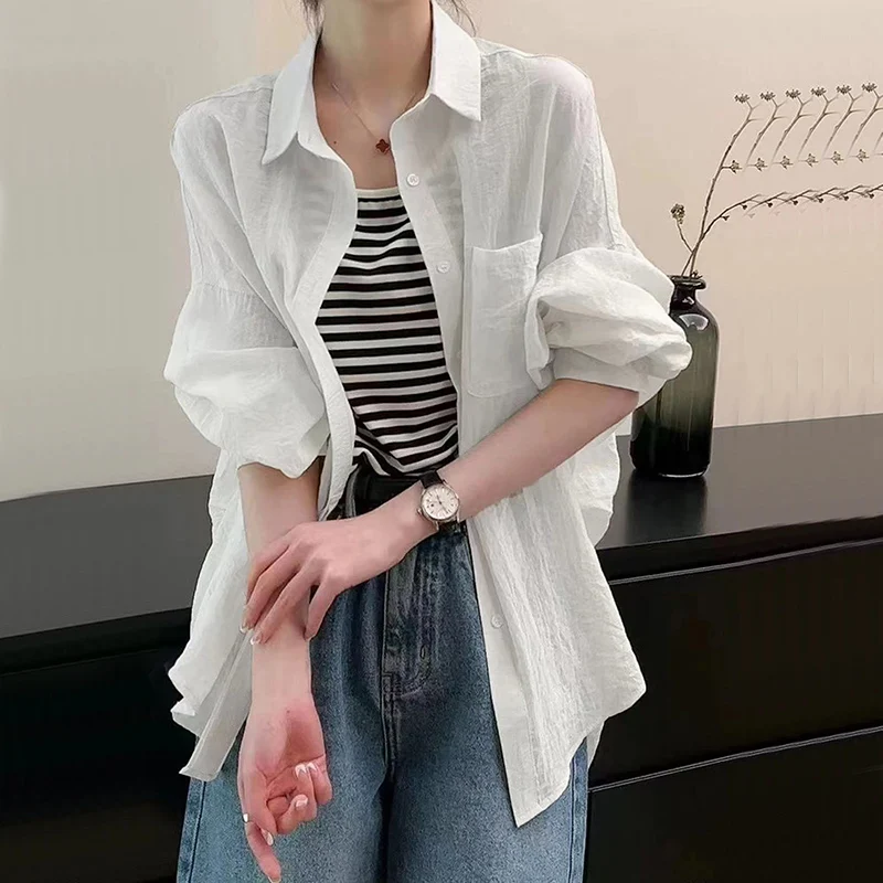 summer Green sun protection shirt Women Korean Chic loose Thin lapel Long Sleeve tops female Solid All-match Button Blouse