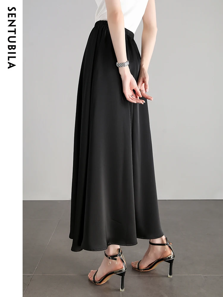 SENTUBILA Elegant Swing Long Skirts for Women Fashion 2024 Autumn Simple Elastic Waist Loose Skirt Women\'s Clothes W33Q51133