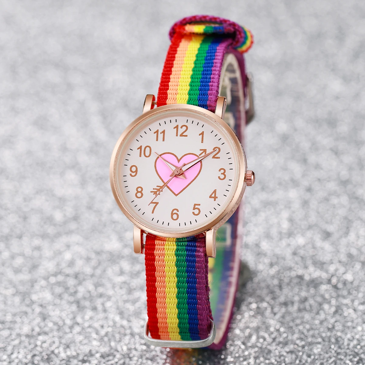 4PCS/Set Fashion Heart Dial Women\'s Watch Nylon Band Quartz Watch Rainbow Beads Bracelets Set