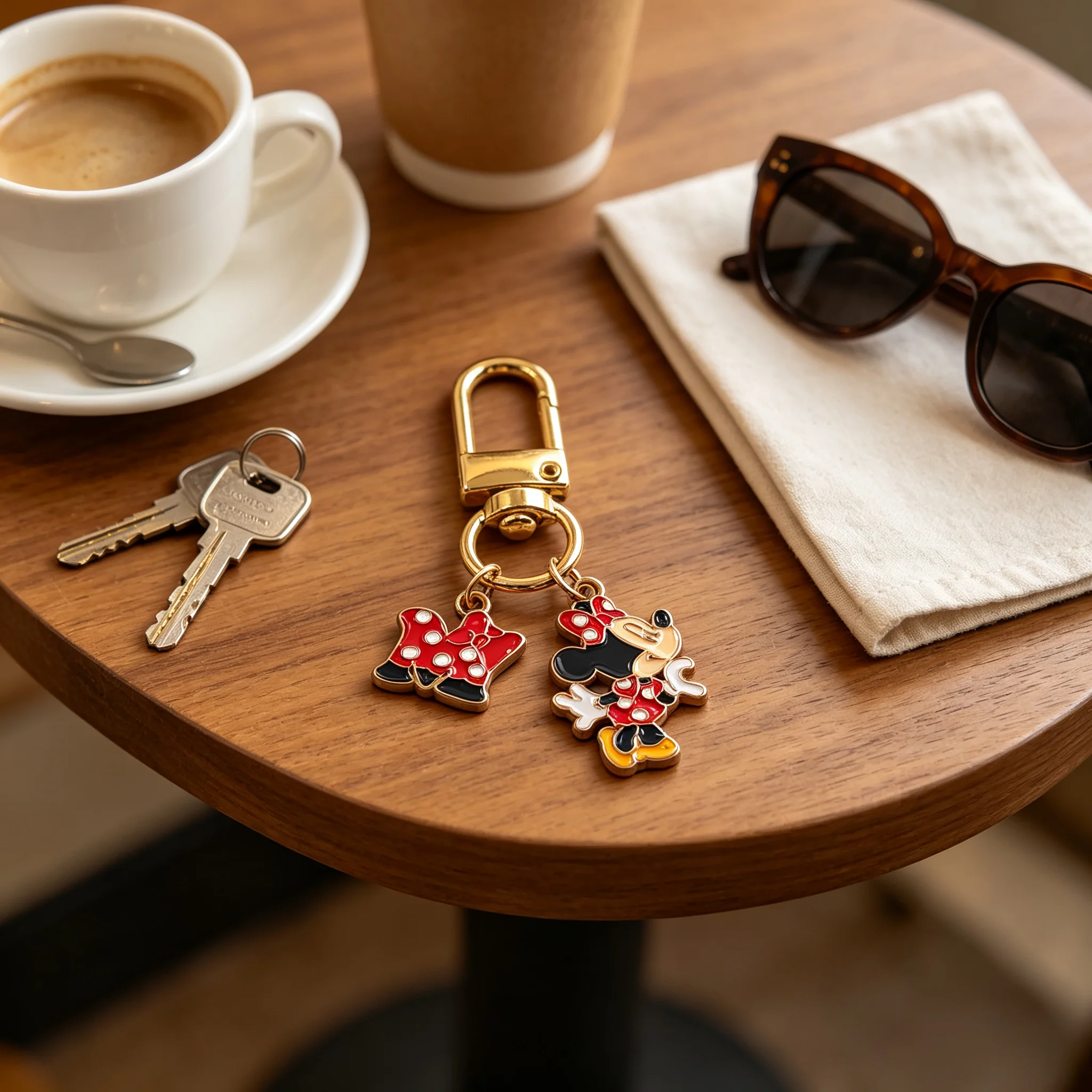 Cute Cartoon Mouse Enamel Keychain, Gold Metal Carabiner Key Ring Charms, Polka Dot Bow Pendant Bag Purse Backpack Decor Accesso view 5
