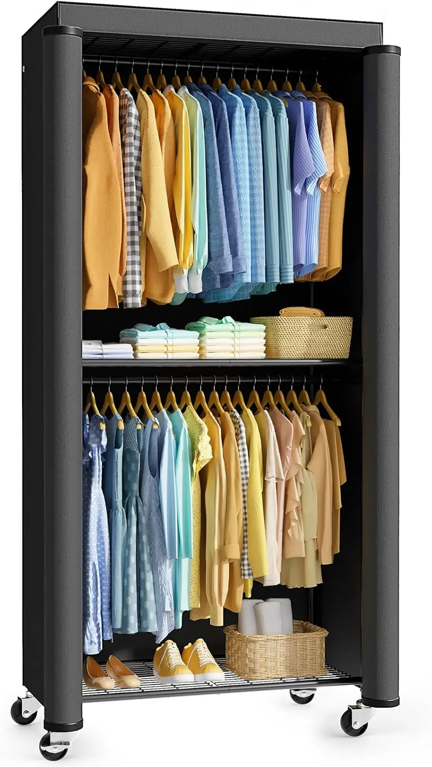 

Rack with Cover - Spacious Wardrobe Closet with Lockable Wheels, Rust-Proof Clothing Racks for Hanging Clothes