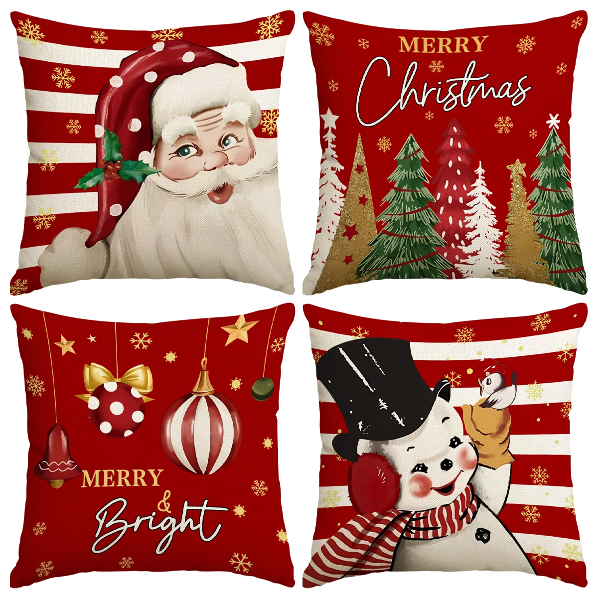 1/4 Stück roter Weihnachtskissenbezug, Schneeflocke Weihnachtskugel Weihnachtsbaum Kissenbezug, Weihnachtsmann Schneemann Muster Kissenbezug