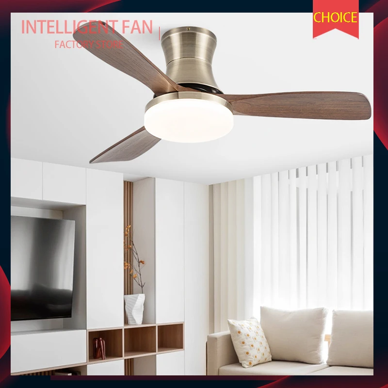 

Simple Solid Wood Fan Blade Ceiling Fan Light, Multi-functional Remote Control，Flat-mounted Reversible Energy-saving Motor