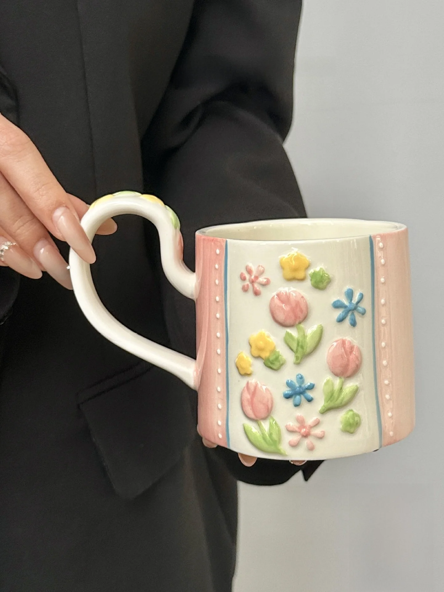 

PDine JOJOS L Floral Cerc Coffee Cup Ele Vintage Nordic Sle Single Ear Cup Texture Pattern Straight Drink Lid