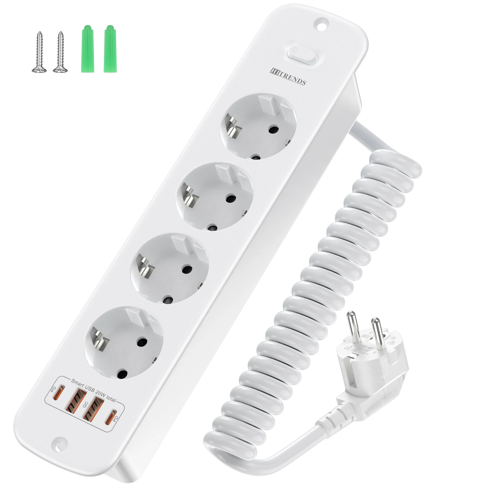8-in-1 Multi-functional Smart Socket Board with 4AC+4USB (Including 2Type-C) and 2-Meter Extension Cable with Safety Door