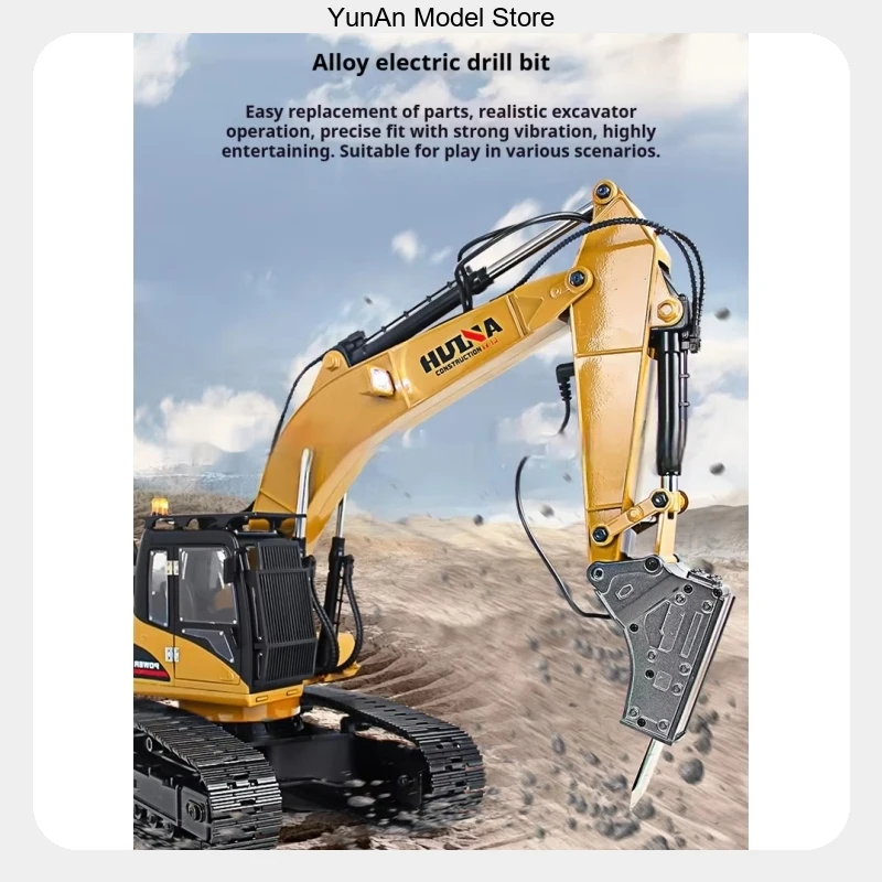 RC Construction Vehicle Remote Control Digger All‑Metal 32‑Channel 1/14 Scale Huina 1580 RC Excavator Replaceable Attachments