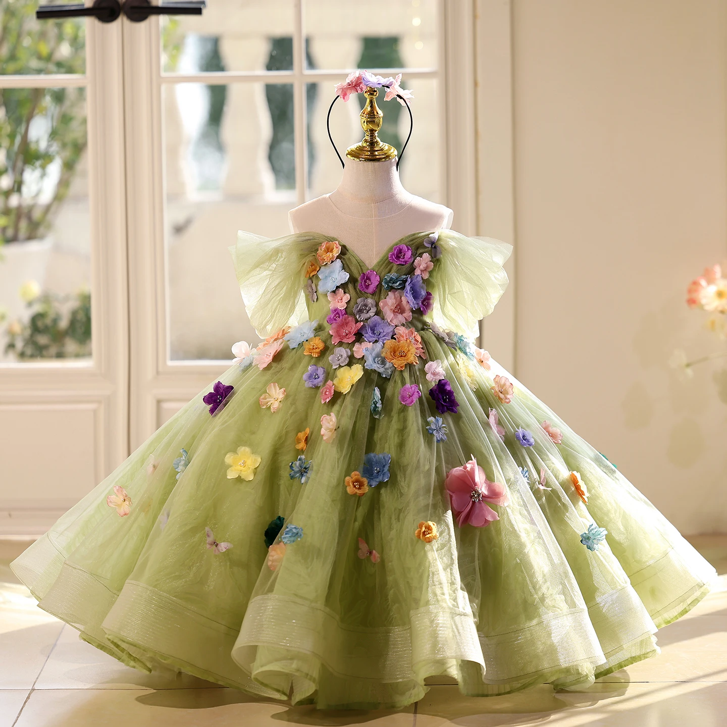 Girls dress Green Elf Forest Flowers Birthday Princess Dress Elegant Children's Host Speech Dress Gorgeous Dance Puffy Garnish S