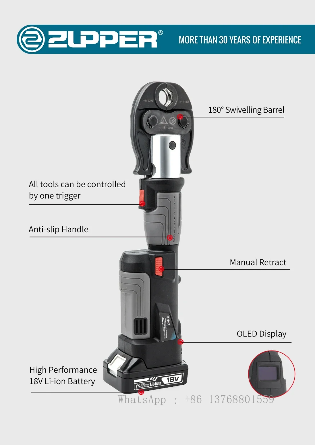 PZ-1930 Portable Battery Propress Tool For Plumbing Copper Pex Multilayer Pipe Crimping Include Jaws From 1/2 To 1 Inch