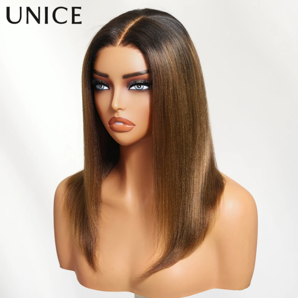

UNice Каштаново-коричневый Ombre Yaki Прямой парик Боб из человеческих волос 7x5 и 13x4 Кружевной предварительно вырезанный предварительно отбеленный бесклеевой парик Плотность 150%