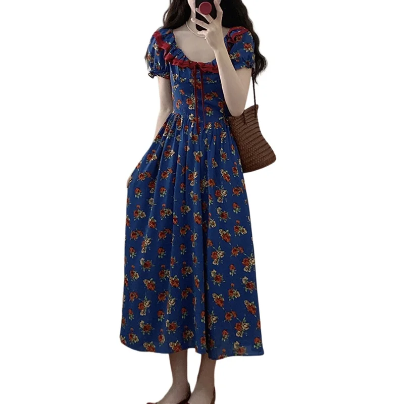 French Retro Ruffled Collar Floral Blue Patchwork Dress For Women Slim-fit Pastoral Fairy Tea Party Dress Oversize For Summer