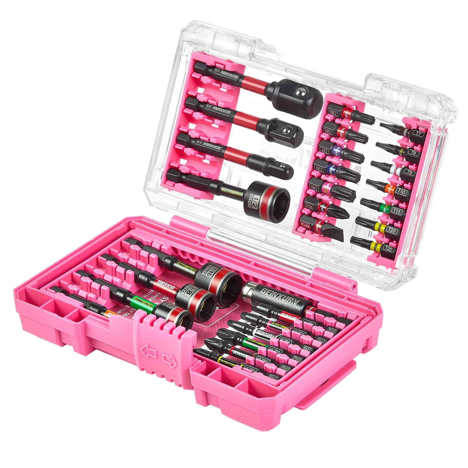 

Geinxurn 29PCS Screwdriver Bits Set, Magnetic S2 Steel 1”/2'' PH/SQ/Torx Impact Bit Holder and Nut Driver with Pink Box Case