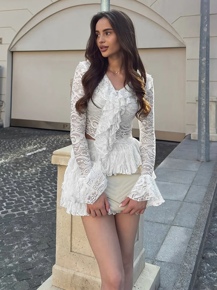 Weird Puss Sexy Jacquard 2 Piece Set Women Elegant Ruffles V-Neck Crop Tops+Tierred Cake Skits Autumn Midnight Party Clubwear