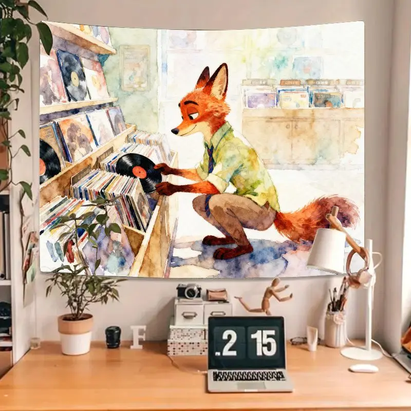 1PC Aesthetic Fox Vinyl Lover Polyester Tapestry, Watercolor Record Store Wall Art Retro Music Room Decor Gift.