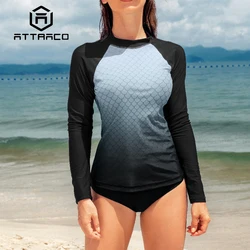 Attraco Women Rash Guard Quick Dry Crew Neck Fish Scale Priting UPF 50+ Long Sleeves Gradients Color Swimming Surfing Tops