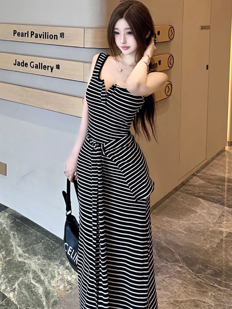 Summer Black and White Striped Square Collar Sling Sexy Dress Women Elegant Luxury Ruffled Long Dress 2025 Korean Bodycon Dress