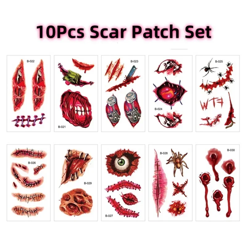 10 Sheets Halloween Terror Wound Temporary Tattoo Waterproof Realistic Blood Tattoos Injury Scar Tattoo Stickers For Face Hands