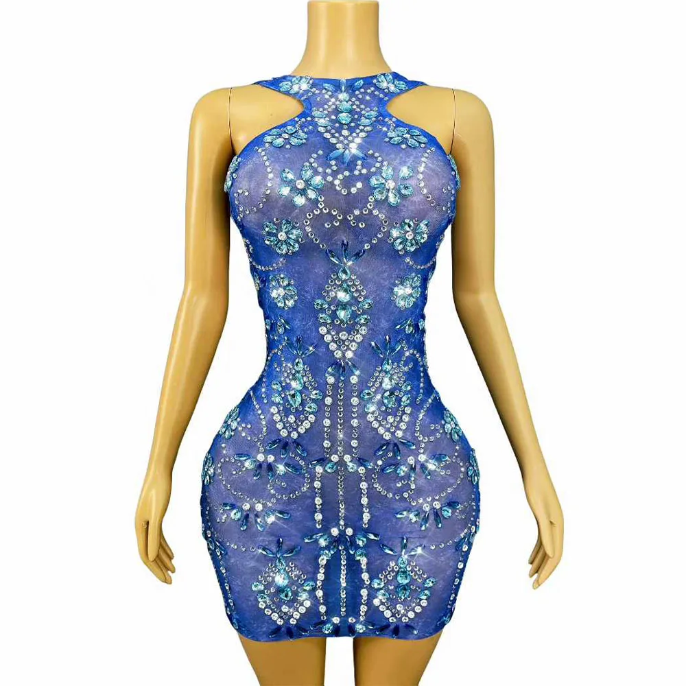 robe-de-culture-sexy-en-maille-bleue-transparente-strass-scintillants-tenue-de-soiree-pour-cocktail-fete-d'anniversaire-costume-de-scene-pour-spectacle