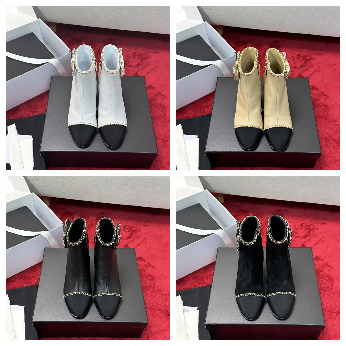 

Autumn and winter new leather thick high heels short fashion color blocked metal chain elegant temperament short boots